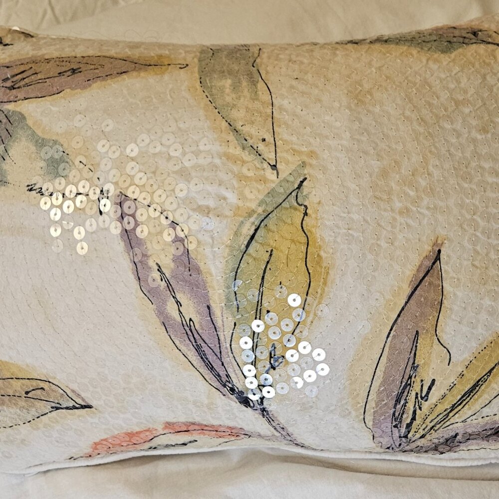 Gorgeous Floral Sequined Decorator Down Pillow, Hidden Zipper, 17"x10"